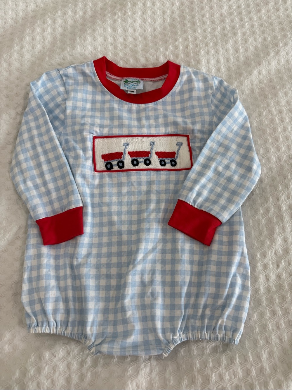Blue Gingham Kids One-Piece with Red Trim and Wagon Motif